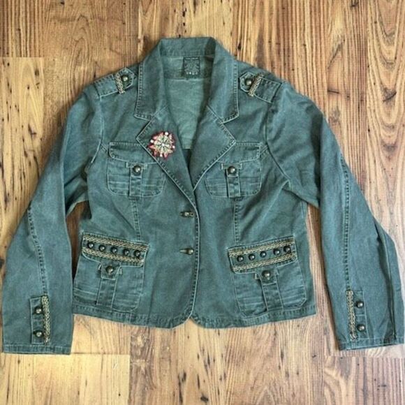 Military Style Green Cotton Denim Jacket Embellished With Gold Sz XL - Picture 3 of 7